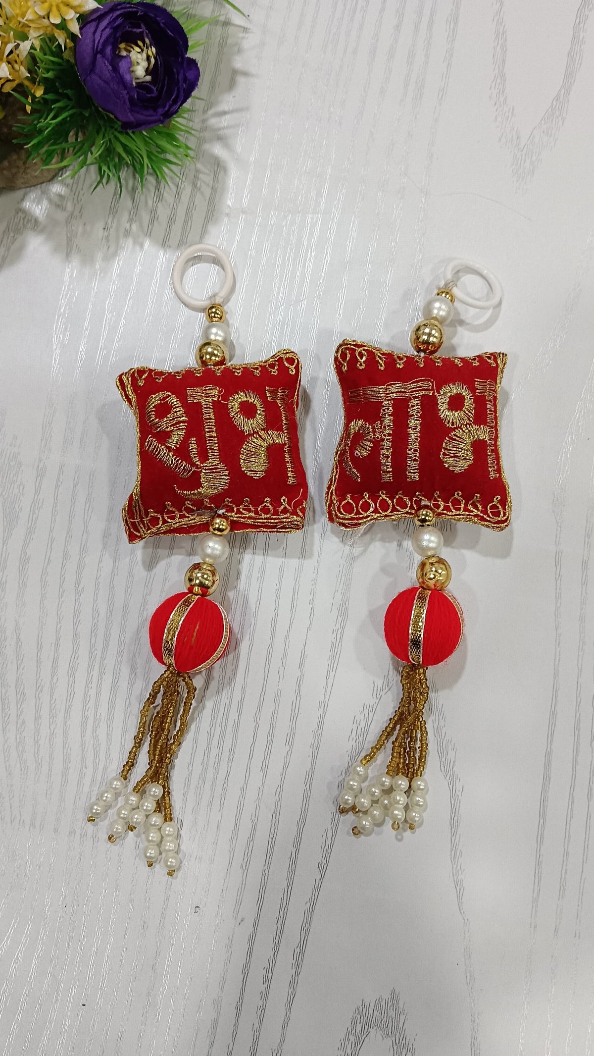 Decorative Shubh Labh Cushion with Gota Balls Latkan Hanging for Home Decor | Traditional Hanging for Main Door/Entrance Pooja Room Festival Items (Pack of 4) SMALL129