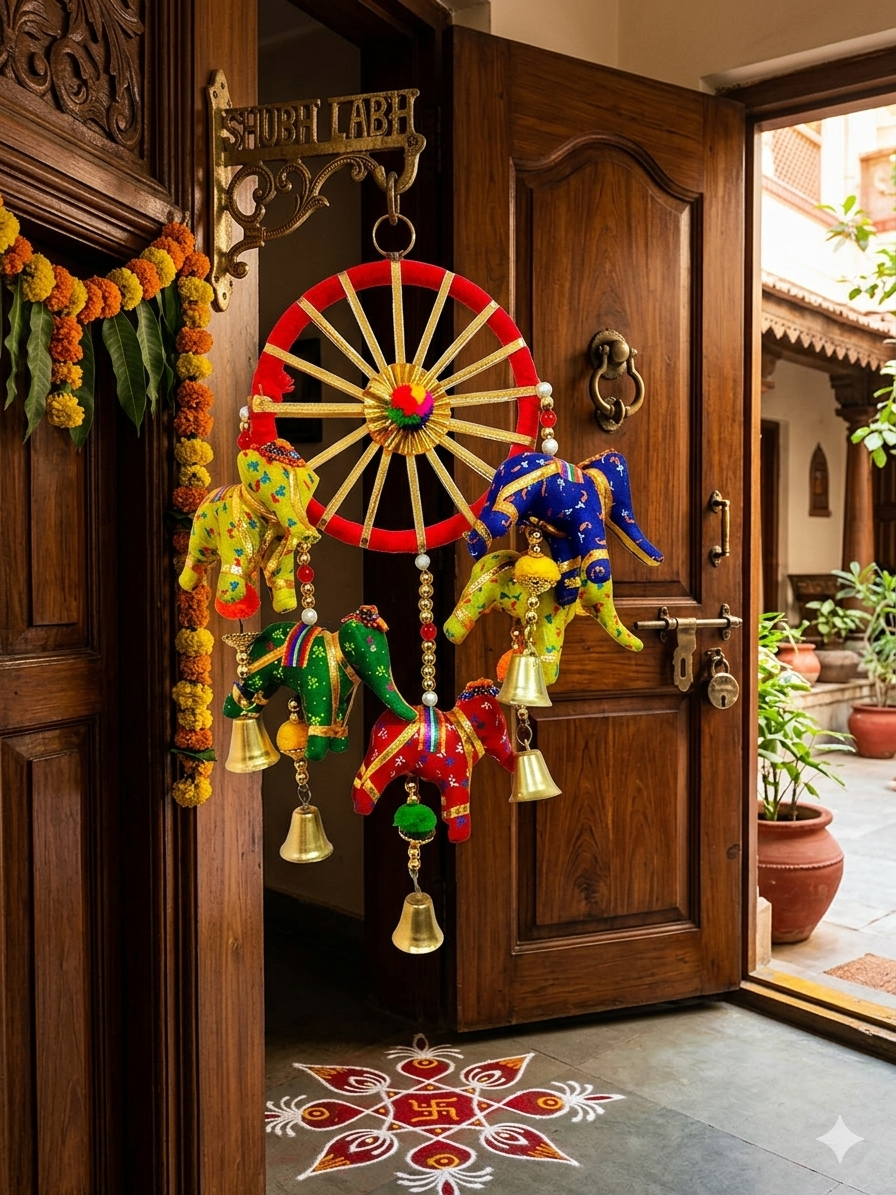 Nutts Handcrafted Rajasthani Elephant Door Hanging Toran with Bells & Decorative Wheel Wall Hanging | Traditional Indian Home Décor for Entrance, Festival & Housewarming Gift (Pack of 2) (Small163)