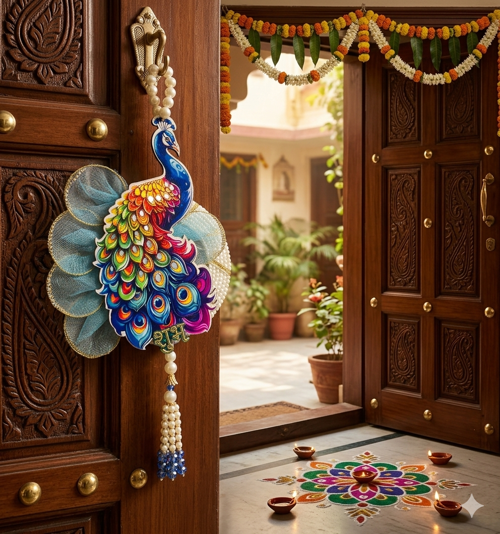 Nutts Shubh Labh Peacock Door Hanging Set for Home Décor | Handmade Peacock Wall Hanging with Pearl Beads & Crystal Tassels (Pack of 2) (Small132)