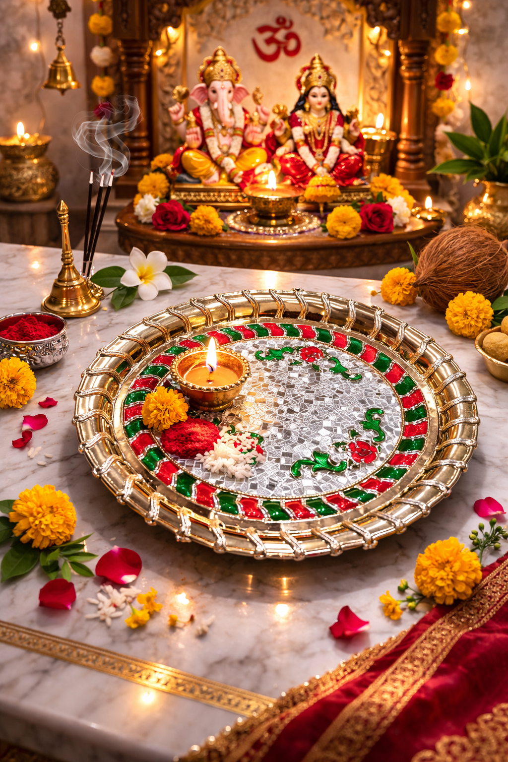 Nutts Decorative Pooja Thali Tilak Content Holder Plate Gifts With Small Lord Set for Home & Office Decoration & Gifting (KrishnaJi Round) (PoojaP25-1)