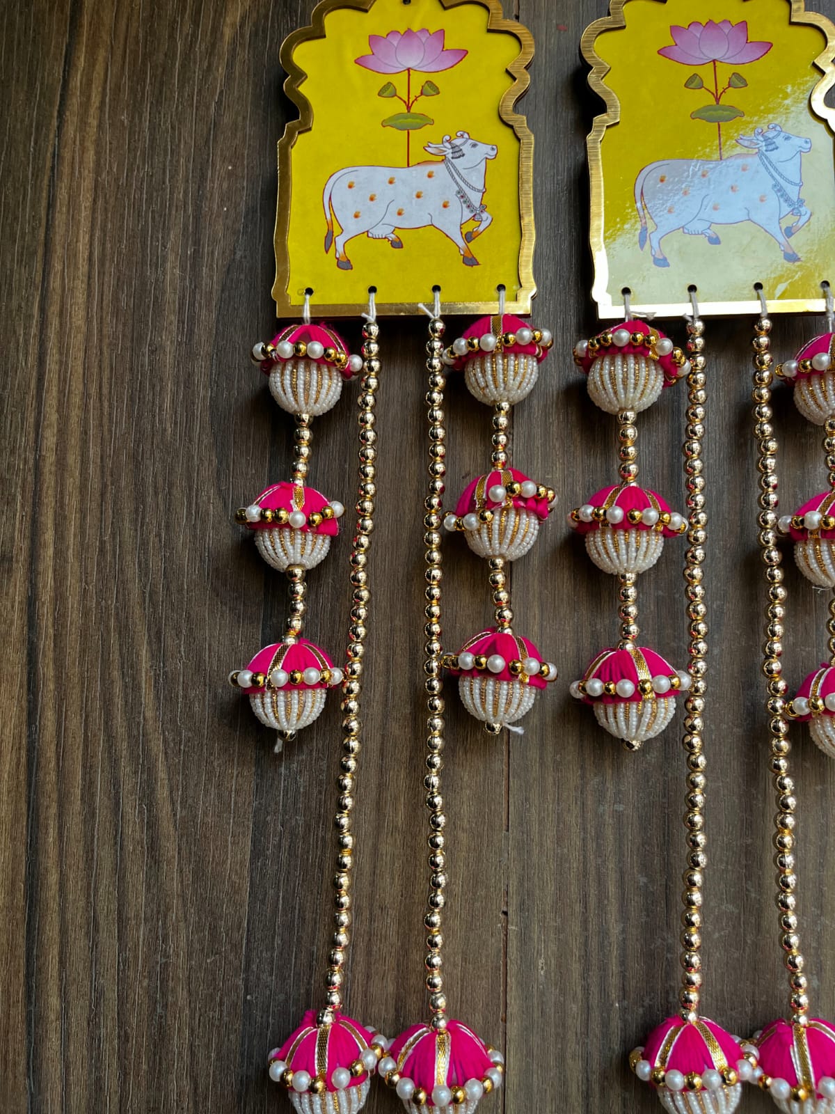 Nutts Handmade Cow Lotus MDF Door Hanging Decorative Latkan | Home Entrance Festival Decoration Pink Beaded Tassel Hanging Pack of 2 (SMALL80-3)