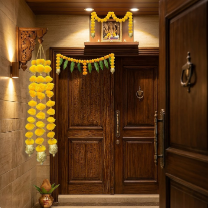 Nutts Handmade Wall Door Pom Pom String with Golden Beads, Ganesha Heads, Garland Bandhwar Decoration Item for Home Décor Diwali Festival, Navratri, Wedding (12 inch 12 Strings) (SMALL82)
