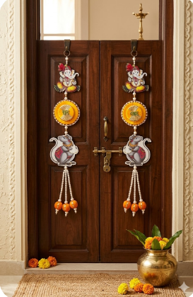 Handmade Shubh Labh Ganesh Ji Door Hanging with Mouse Design | Pearl Tassels Decorative Wall Hanging for Home Decoration Pack of 2 (SMALL74)