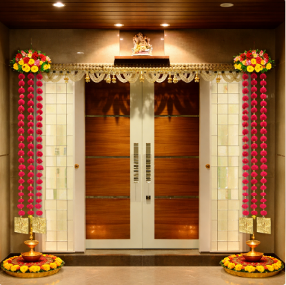 Nutts Handmade Wall Door Pom Pom String with Golden Beads, Garland Bandhwar Decoration Item for Home Décor Diwali Festival, Navratri, Wedding (12 inch 12 Strings) (SMALL81)