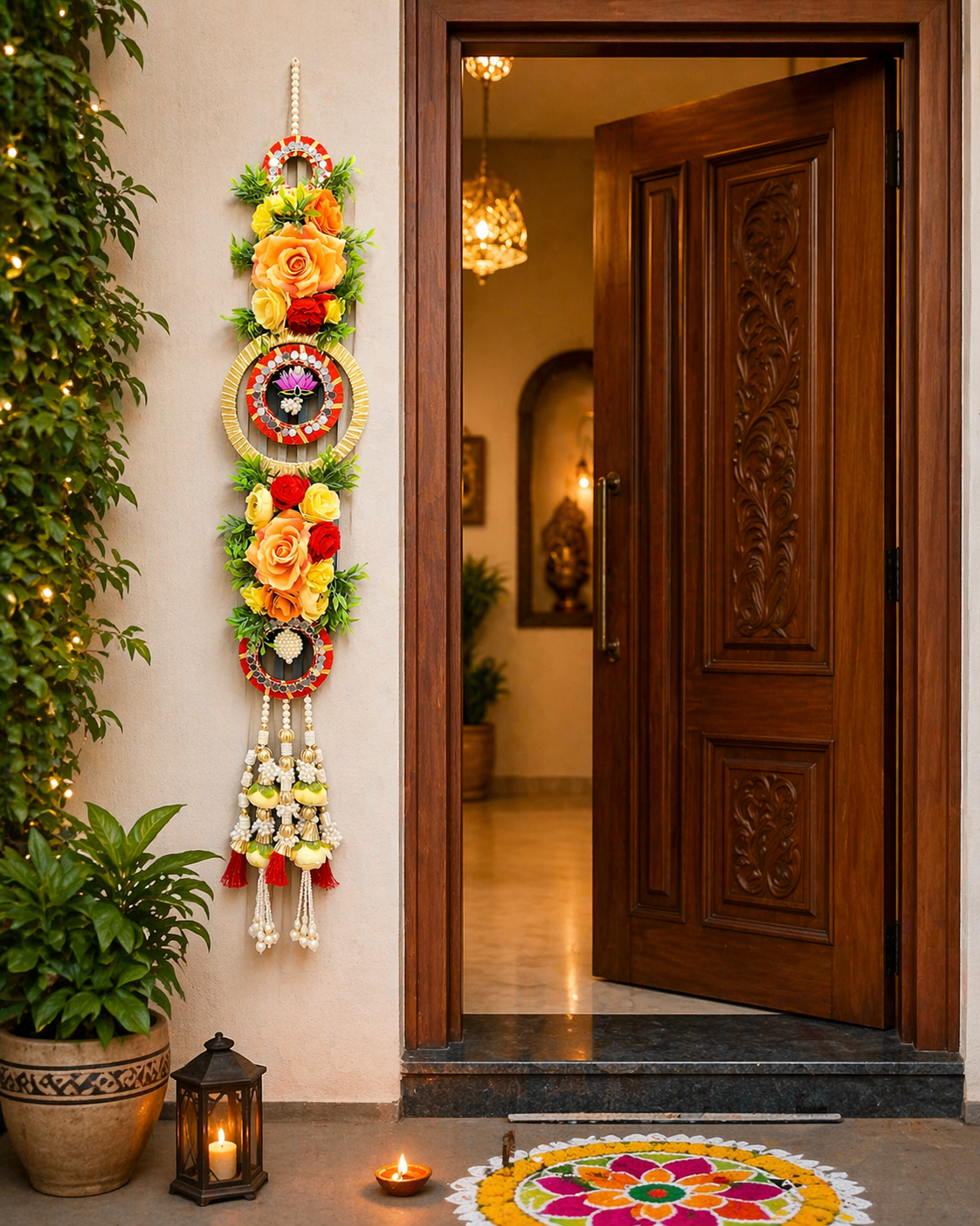 Nutts Premium Artificial Flower Door Hanging Pair with Pearl Tassels & Lotus Design | Handmade Shubh Labh Entrance Decoration | Festive Wall & Main Door Decor (Pack of 2) (Small161)