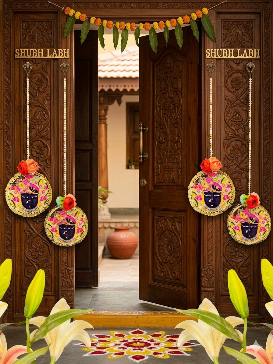 Nutts Handcrafted Shrinathji Wall Hanging | Krishna Decorative Hanging with Pearl String | Pichwai Inspired Home Décor | Temple & Festive Decoration Pack of 2 (Small164)