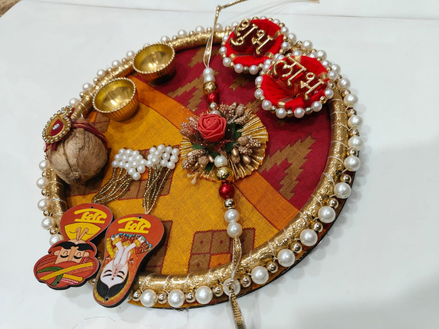 Nutts Handmade Decorative Shubh labh Ram Ram Ji  Rakhi Thali For Raksha Bandhan Pooja Plate with Rakhi (RakhiP14)