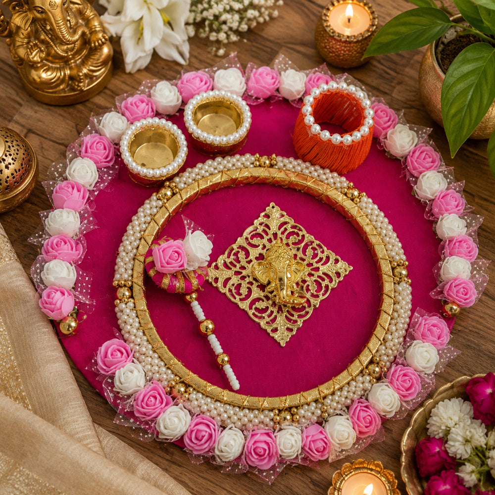 Nutts Handmade Decorative Prayer Pooja Plate Indian Traditional Thali for Diwali Religious Ceremony Home Decor (Pack Of 1) (PoojaP47)
