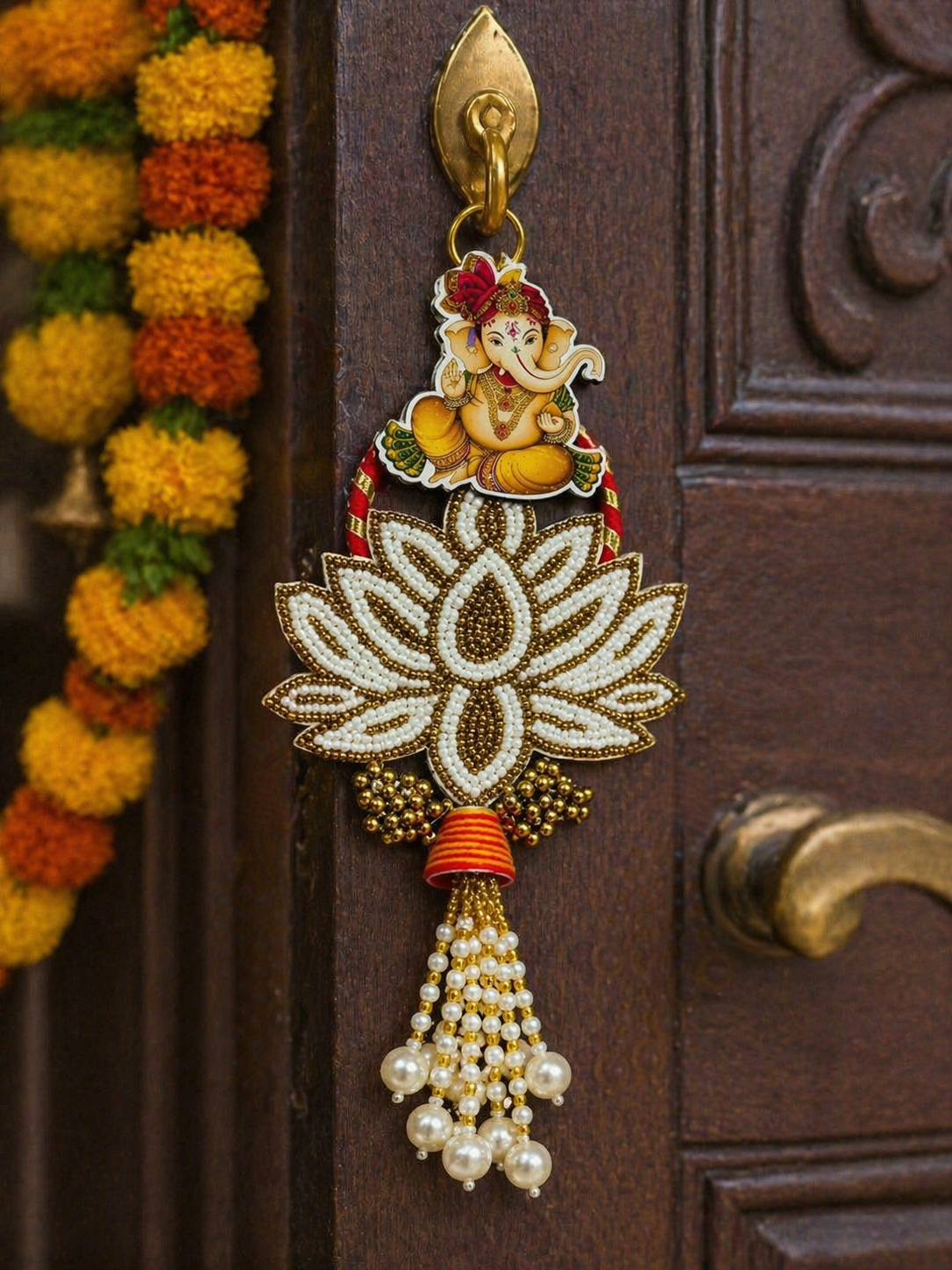 Nutts Decorative Ganesh Lakshmi Pearl Lotus Door Hanging Set for Home Entrance Mandir Wall Decor Diwali Pooja Festival Decoration (Pack of 2) (Small179)