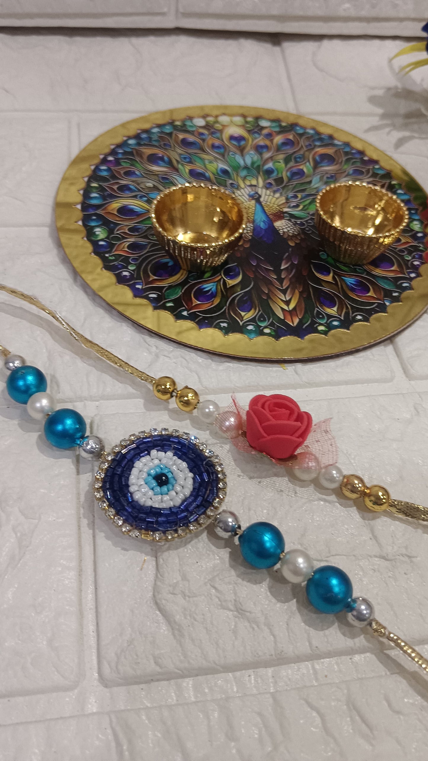 Nutts Rakhi Pooja Plate with Handmade Rakhi for Brother Traditional Decorative Pooja Thali for Raksha Bandhan(RakhiP04)