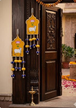 Cow Painting Latkan Hanging Diwali Decorations Wall Door Hanging Toran for Door Rajasthani Home Living Room Decoration (Pack of 2)