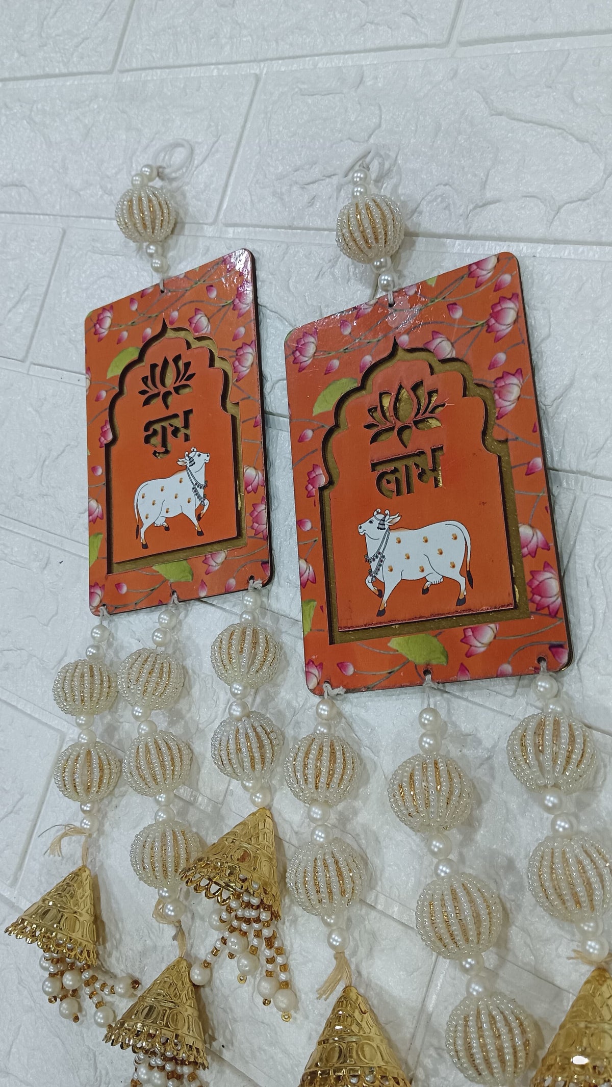 Nutts Handcrafted Shubh Labh MDF Door Hanging with Cow Design Decorative Beaded Tassels Lotus Motif Wall Hanging for Home Entrance Festive Decor Pack of 2 (SMALL115-2) (Oragne)