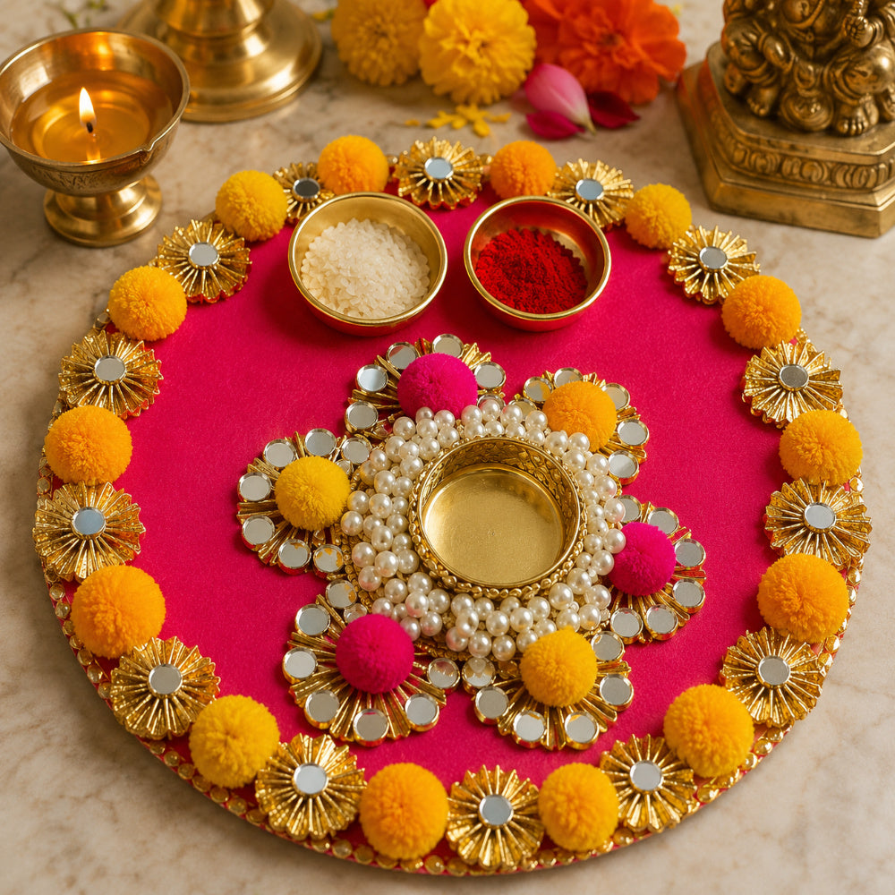 Nutts Handmade Decorative Hindu Prayer Plate Pooja Thali for Diwali Navratri Wedding Ritual and Gifting Pack Of 1) (PoojaP50)