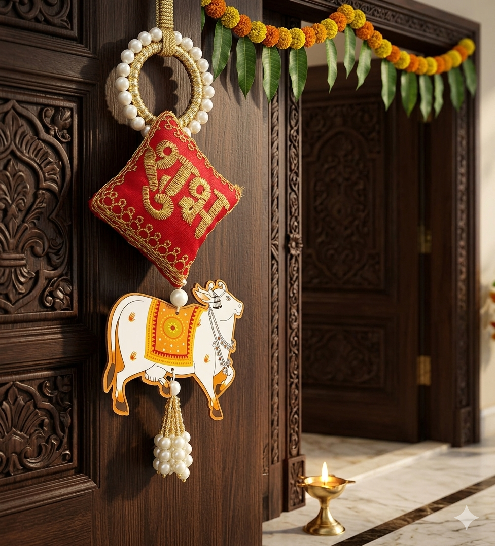 Nutts Decorative Shubh Nandi Cow Pearl Door Hanging Set for Home Entrance Mandir Wall Decor Traditional Pooja Festival Decoration Pack of 2 (Small195)