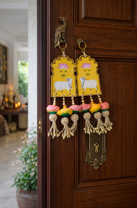 Nutts Handmade Cow Design Lotus MDF Door Hanging | Traditional Decorative Wall Hanging with Pearl Tassels for Home Entrance Festive Decoration (Pack of 2)