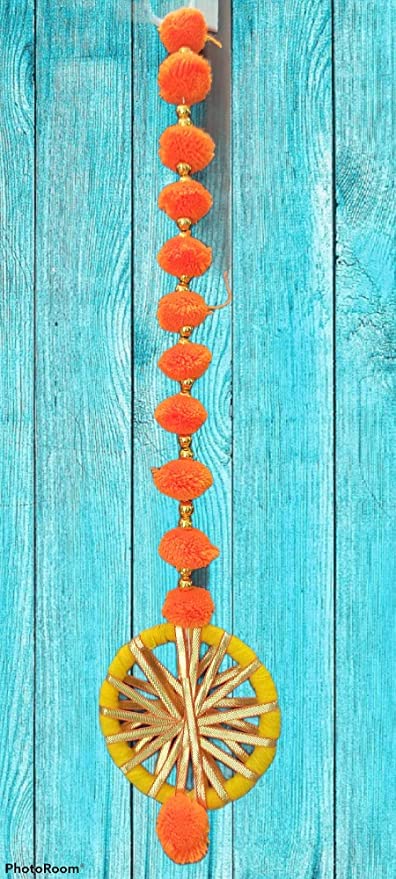 Nutts Handmade Wall Door Pom Pom String with Golden Beads, and Gota Circles Garland Bandhwar Decoration Item for Home Décor Diwali Festival, Navratri, Wedding (12 inch 12 Strings) (SMALL83)