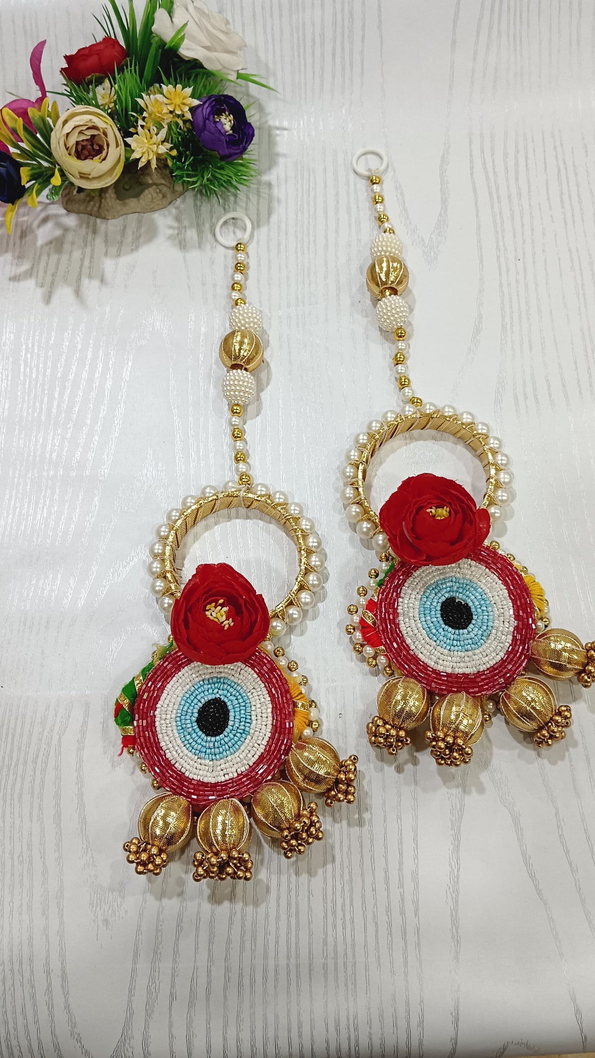 Nutts Handmade Evil Eye Hanging | Traditional Decorative Moti Chudi Florel Evil Eye Hanging for Main Door (Pack of 2)
