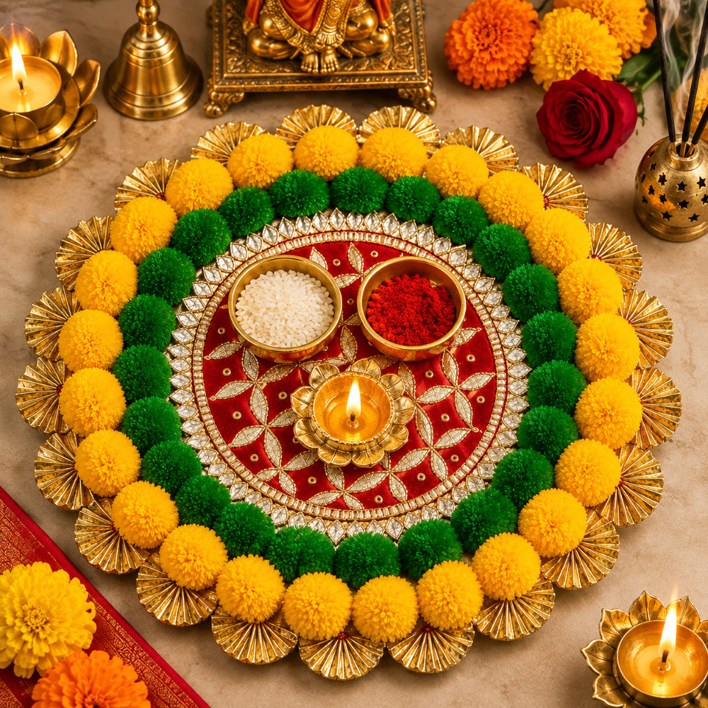 Nutts Handmade Decorative Pooja Thali Traditional Indian Prayer Plate for Festival Ceremony and Home Temple Decor (Pack Of 1) (PoojaP49)