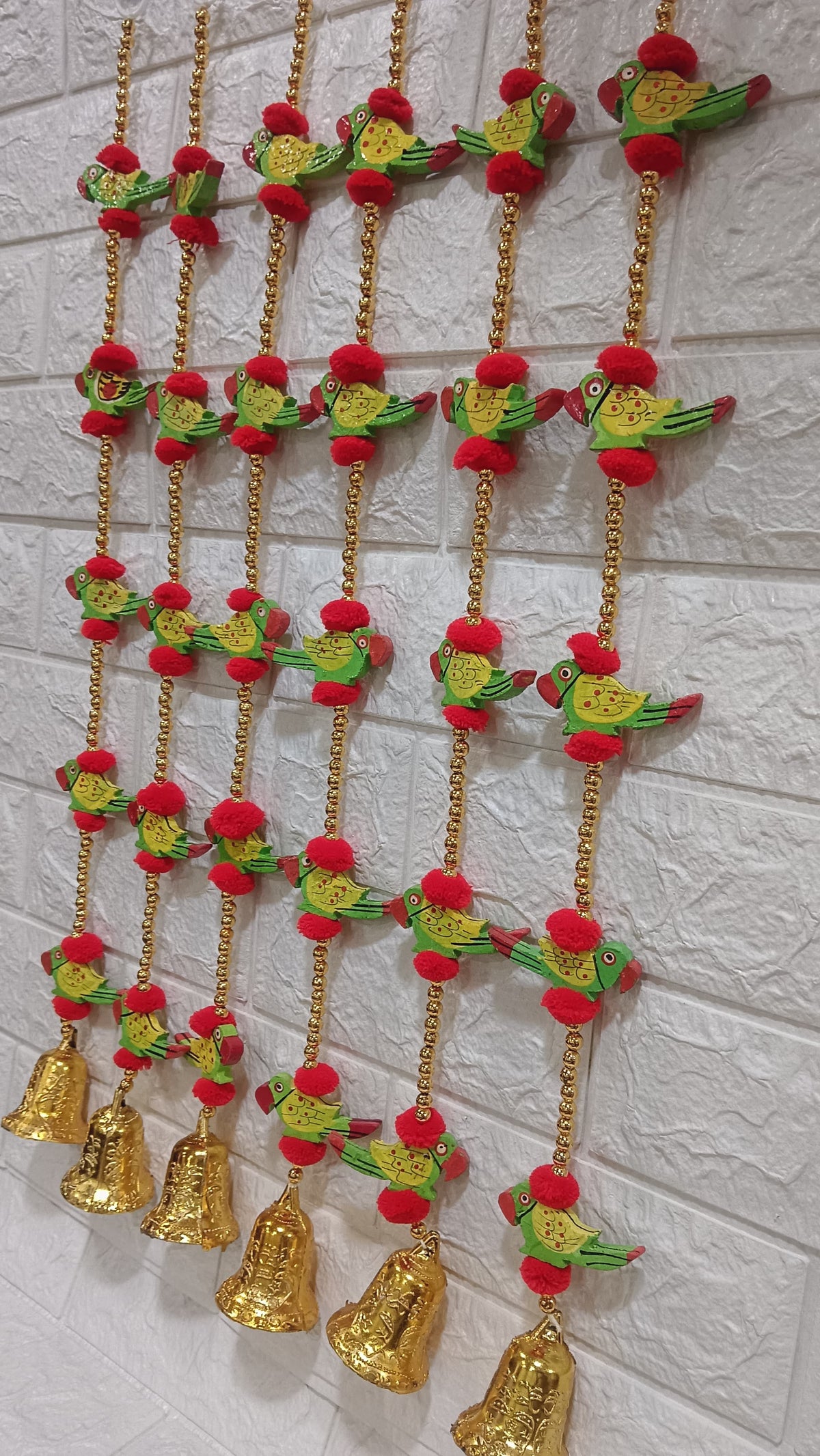 Nutts Handmade Decorative Wooden Parrot Toran | Traditional Pom-Pom Beads Bell Toran | Hanging for Home Entrance and Main Door Decoration (PMPMT101)