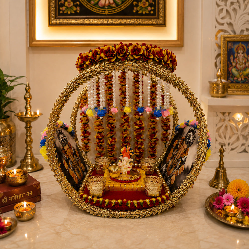 Nutts Royal Wooden God Singhasan Decorative Pooja Mandir Throne Sacred Idol Seat Traditional Temple Home Festival Worship Display Elegant Design (Singhasan33)