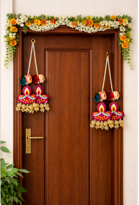 Traditional Diya Hanging with Paper Gajra & Gota Balls Perfect for Celebrations | Decorative Diya Hangings | Diya Hanging with Beads Ball Guccha (Pack of 4)