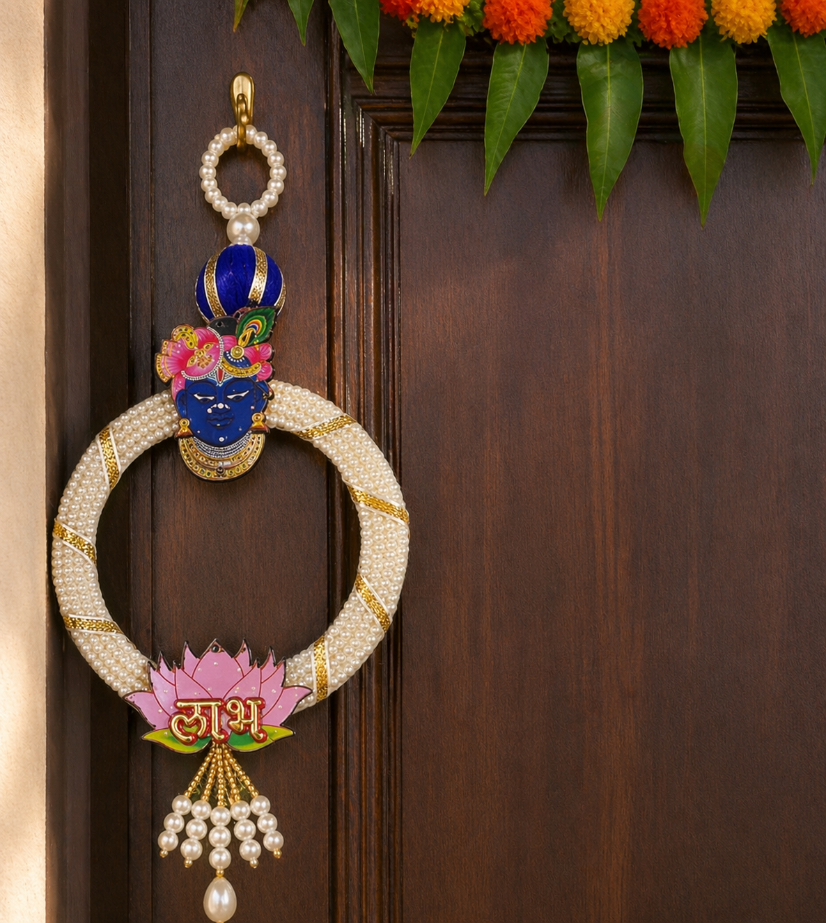 Nutts Decorative Shubh Labh Shrinath Ji Pearl Door Hanging for Home Entrance Mandir Wall Decor Traditional Festive Pooja Hanging Packof 2 (Small173)