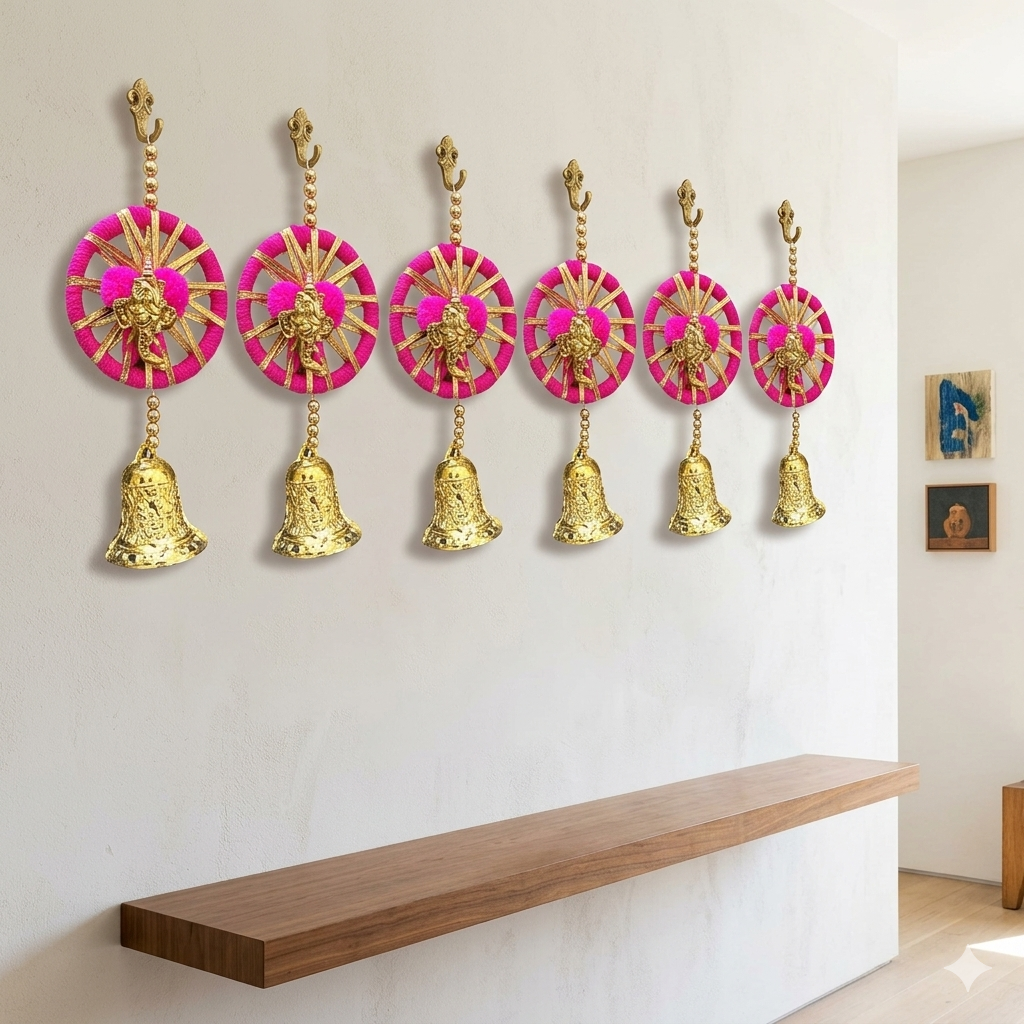 Nutts Handmade Wall Door Red Pom Pom String with Golden Beads, Ganesha Heads, Hanging Torans Decoration Item for Home Décor Diwali Festival, Navratri, Wedding (8 inch 12 Strings) (SMALL93)