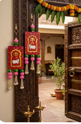 Cow Painting Latkan Hanging Diwali Decorations Wall Door Hanging Toran for Door Rajasthani Home Living Room Decoration (Pack of 2)