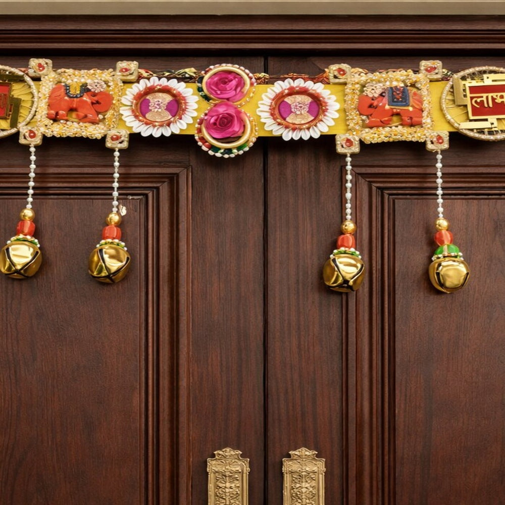Nutts Decorative Swastik Shubh Labh Wooden Elephnat Ghungroo Bandhanwar For Door Decoration Festival Decoration