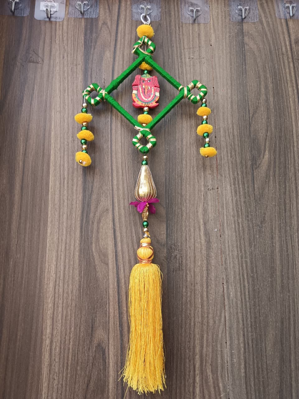 Nutts Handmade Ganesh Ji Wall Door String with Latkan &, Beads Hanging Torans, Garland for Decoration Set of 1 (SMALL107-1)