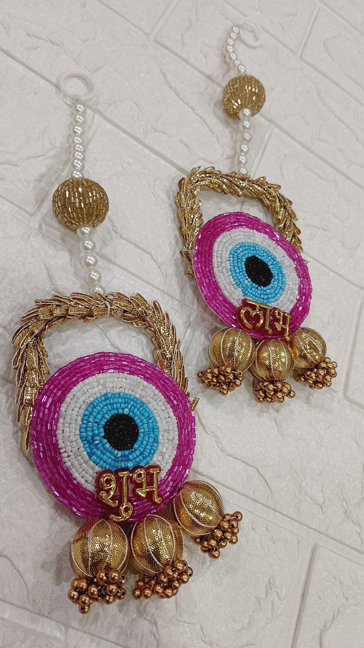 Nutts Handmade Evil Eye Hanging | Traditional Decorative Moti Chudi Florel Evil Eye Hanging for Main Door (Pack of 2 (Pink))