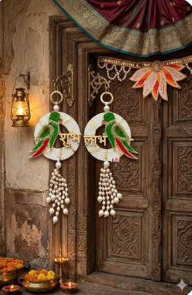 Nutts Handmade Shubh Labh Parrot Door Hanging Decorative | Traditional Pearl Wall Hanging Entrance Decor for Home Festival Decor Pack of 2 (SMALL185)