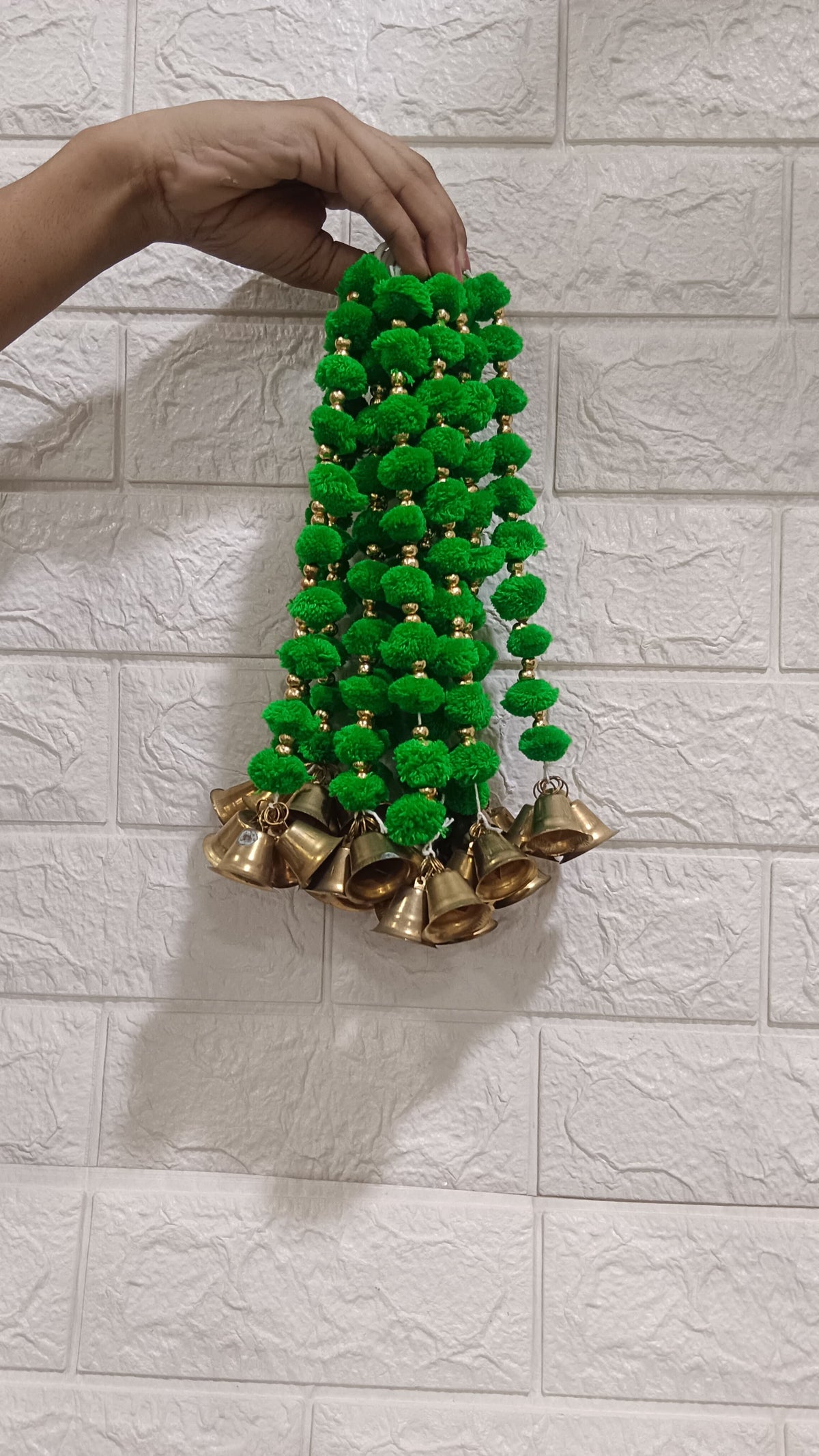 Nutts Handmade Wall Door Pom Pom String with Golden Beads, Garland Bandhwar Decoration Item for Home Décor Diwali Festival, Navratri, Wedding (12 Strings) (SMALL162)