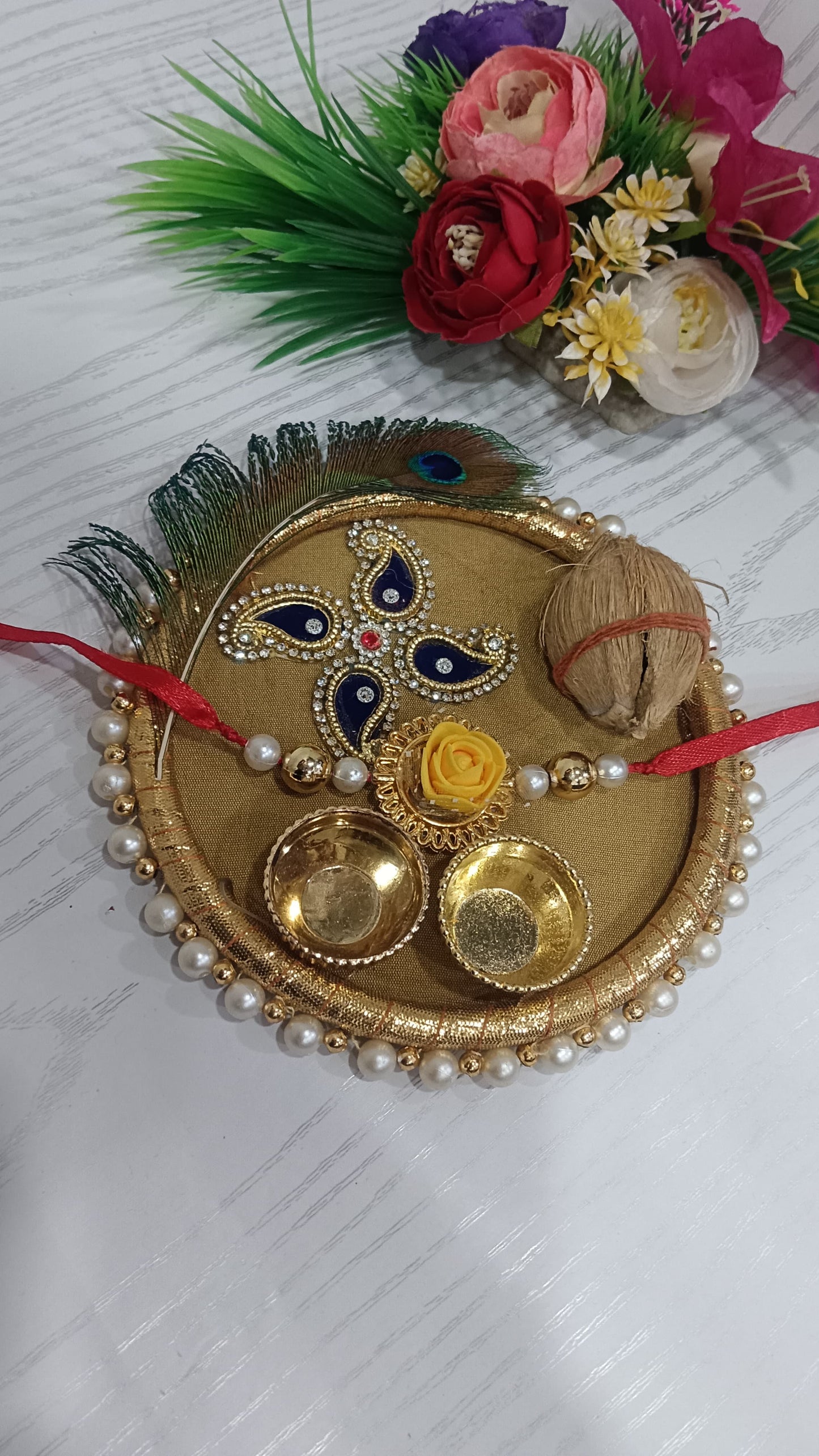 Nutts Handmade Rakhi Plate Booti Nariyal Floral Rakhi for Brother for Raksha Bandhan (RakhiP09)