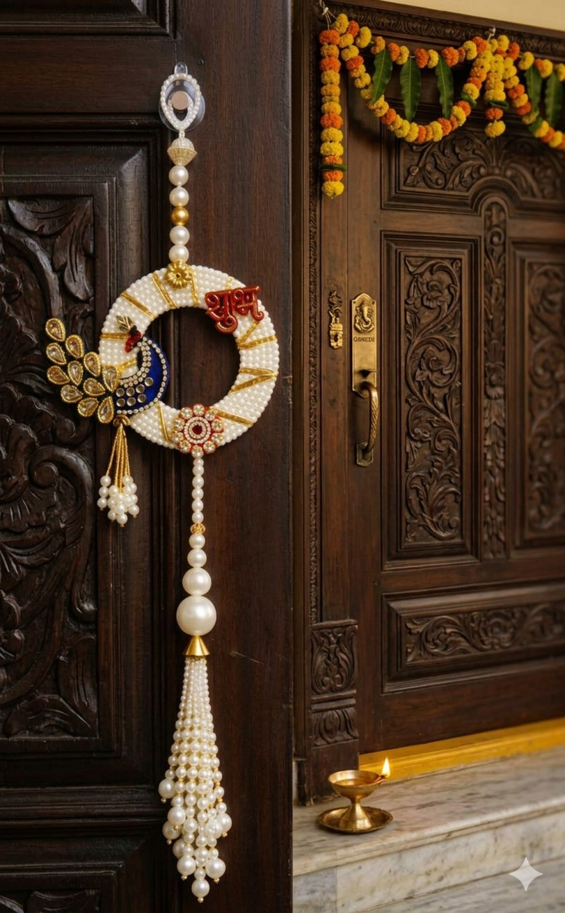Nutts Decorative Shubh Labh Peacock Pearl Door Hanging Set for Home Entrance Mandir Wall Decor Traditional Festive Pooja Decoration Pack of 2 (SMALL193)