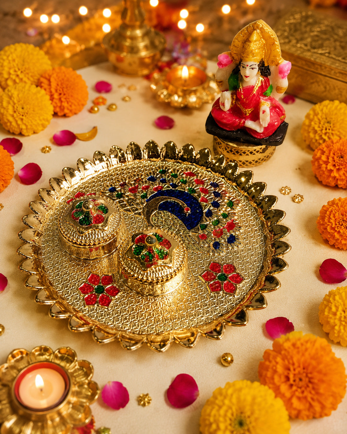 Nutts Decorative Traditional Peacock Pooja Thali with Idol Elegant Festival Prayer Plate for Home Temple Daily Worship Religious Rituals Festive Decoration 1 Plate 1 laksmi ji (PoojaP32-1)