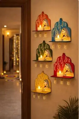 Nutts Decorative Jharokha Hanging Traditional Tea Light Style Wooden Frame Wall Hangng Set with Design Multicolor Festival Hanging Decor for Home Decoration Pack of 5 | SMALL28