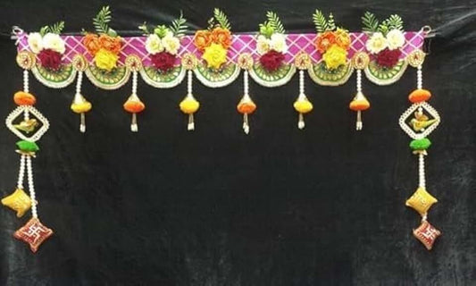 Handmade Artificial Flower & Pom Pom Latkan with Shubh Labh Cushion Bandhanwar | Decorative Hanging Wedding,Home,Office, Festivals is Very Useful