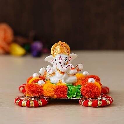 Lord Ganesha Idol on Decorative Handcrafted Floral Plate for Home Decoration & Ganesh Chaturthi Decoration