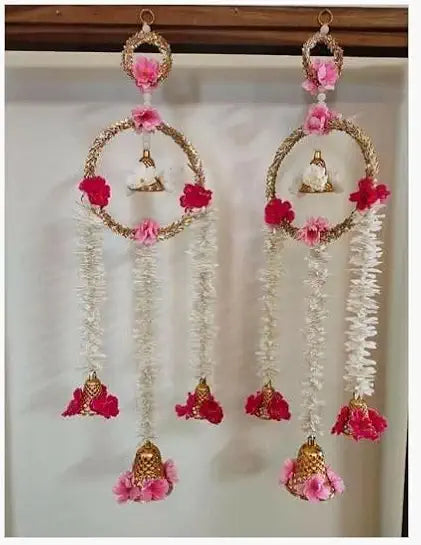 Nutts Floral Paper Gajra Hanging Decor for Home Temple Door Wall Decoration with Golden Ring Floral Strings and Bell Design Elegant Handmade Festival and Pooja Home Decor Pack of 2 | SMALL23