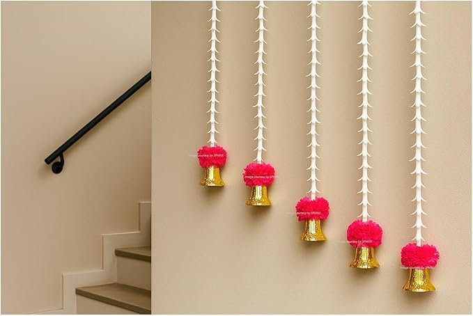 Nutts Handmade Genda Flower Bell Door Hanging Pack of 5 Decorative Marigold Bell Hanging for Main Door Home Entrance Pooja Room Temple Wall Decor Festival Decoration(PMPMT141-1(Pink))
