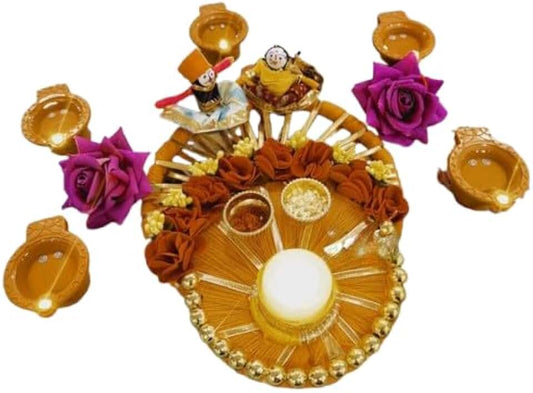 Ethnic Puppet Rakhi Thali with Kumkum Chawal HolderWith Water Diya Plater for Decorations
