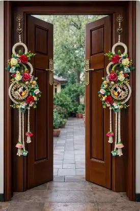 Nutts Radha Krishna Floral Wall Hanging Decorative Door Hanging with Artificial Flowers Pearl Tassels and Golden Ring Design for Home Temple Living Room Festival Decoration Pack of 2 | SMALL10