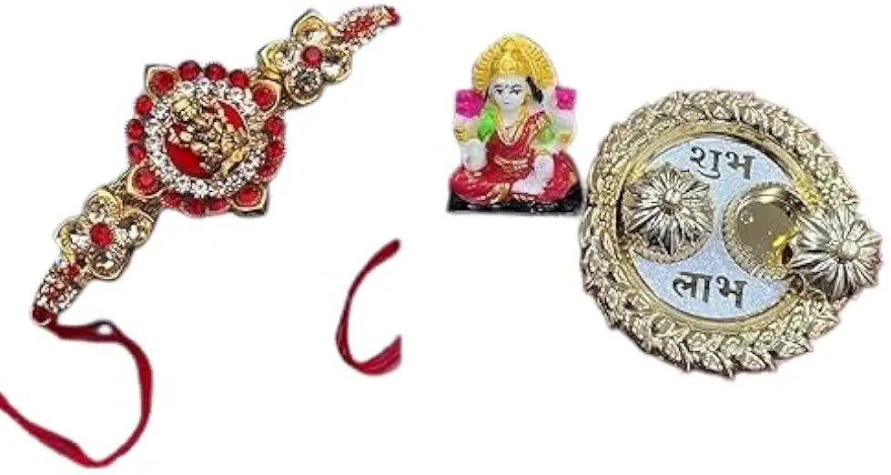 Decorative Rakhi with Pooja Thali, Gold-Plated Pooja Plate for Rakshabandhan for Brother, Traditional Festival (Design09)