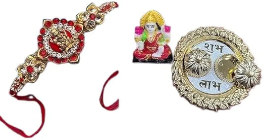 Decorative Rakhi with Pooja Thali, Gold-Plated Pooja Plate for Rakshabandhan for Brother, Traditional Festival (Design06)