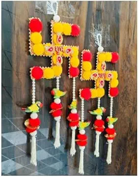 Nutts Handmade Shubh Labh Swastik Door Hanging | Beads Pom Pom Tassels and Parrot Design Decorative for Home Entrance Pooja Room and Festive Decor Pack of 2 | SMALL30