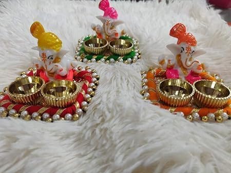 Sellplus Handmade Lord Ganesha Double Diya Holder Decorative Pooja Decor Festival Mandir Table Centerpiece Traditional Reusable Elegant Craft Pack of 2 (Tealight-382)