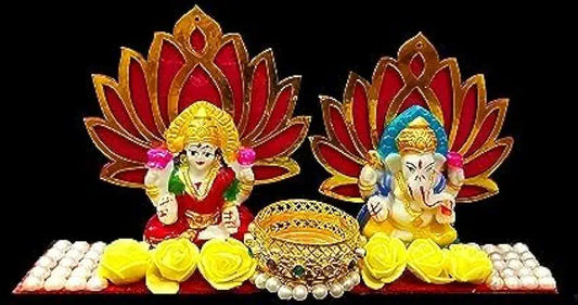 Lord Ganesha jI & laxmi Ji Plater Idol on Decorative Handcrafted Floral Plate for Home Decoration, Ganesh Chaturthi Decoration