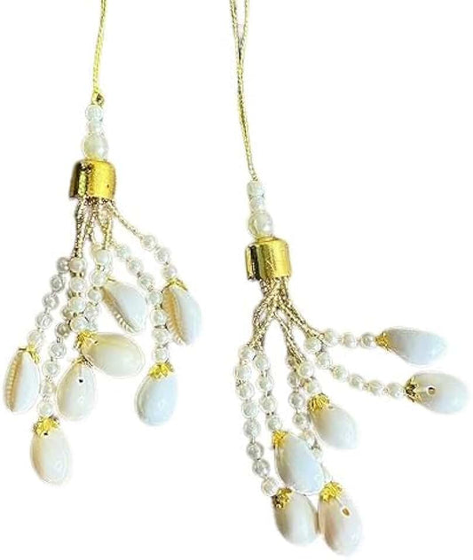 White Fancy Designer Kaudi Shell Pearl Beads Multi-Purpose Women's Ethnic Wear Hanging Latkan Brooch Tassels for Blouse, Lehenga, Suit & Dupatta Embellishment & Decoration