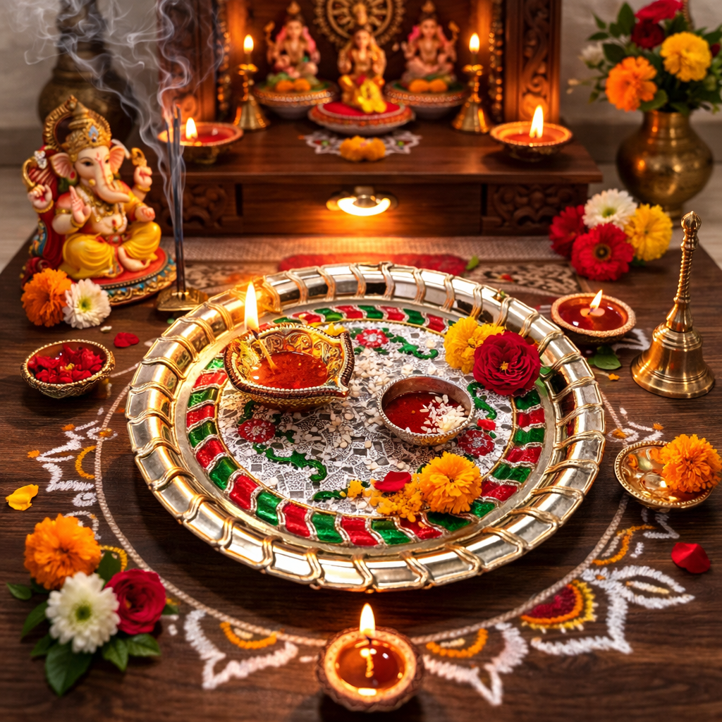 Nutts Decorative Pooja Thali Tilak Content Holder Plate Gifts With Small Lord Set for Home & Office Decoration & Gifting (KrishnaJi Round) (PoojaP25-1)